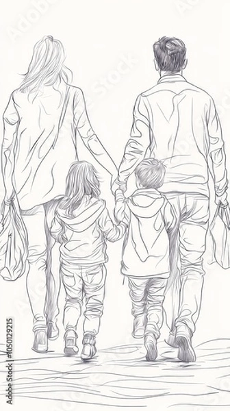 Fototapeta Family Walking Together in Sketch Style