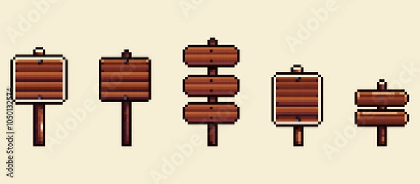 Fototapeta Pixel Art Wooden Signboard Icons. Pixelated Wooden Signboard Set.
