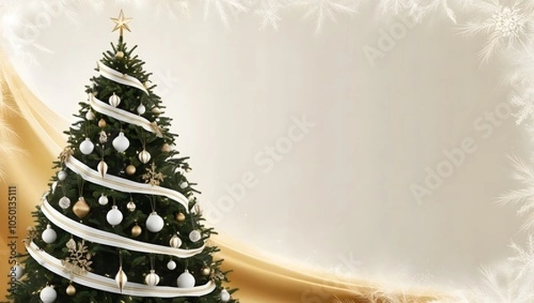 Fototapeta A majestic Christmas tree stands tall, adorned with elegant gold and white ornaments, garlands, and decorative accents, evoking a sense of luxury and sophistication, amidst a soft, creamy white 