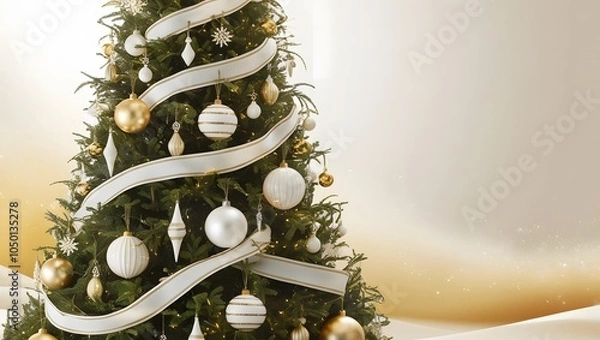 Fototapeta A majestic Christmas tree stands tall, adorned with elegant gold and white ornaments, garlands, and decorative accents, evoking a sense of luxury and sophistication, amidst a soft, creamy white backgr