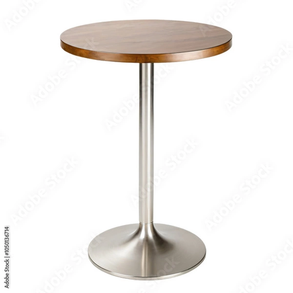 Obraz A round wooden table with a dark brown top and a silver metal base stands on a silver column, showcasing a minimalist design with a polished wood surface and a sleek, modern aesthetic