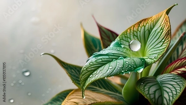 Fototapeta a solitary, glistening drop of water glistens on the delicate petal of a lush, emerald green ornamental plant, surrounded by intricately patterned leaves with subtle hints of gold 