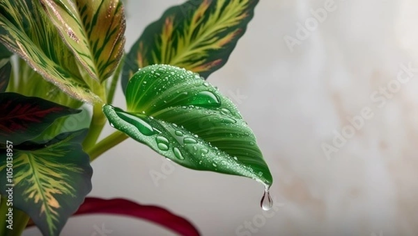 Obraz a solitary, glistening drop of water glistens on the delicate petal of a lush, emerald green ornamental plant, surrounded by intricately patterned leaves with subtle hints of gold.