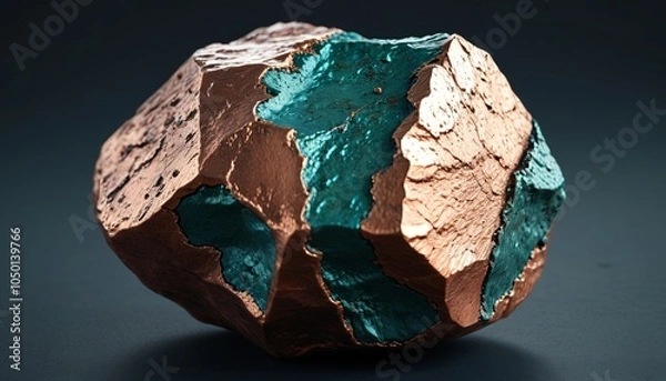 Fototapeta A copper nugget with oxidized blue-green patina, displaying earthy textures and a unique color contrast, Generative AI