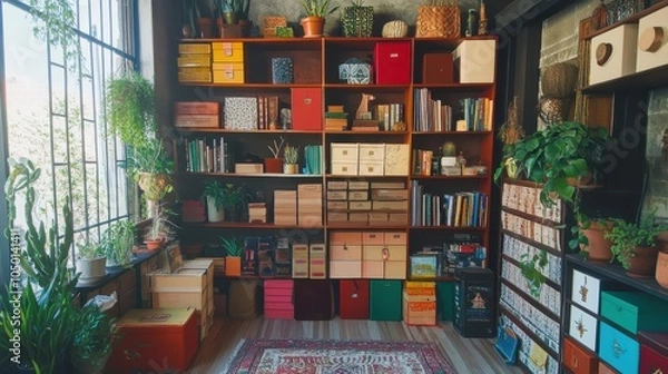 Fototapeta A Cozy and Colorful Home Office Shelving Unit Filled with Books Storage Boxes and Potted Plants for a Creative Workspace Atmosphere