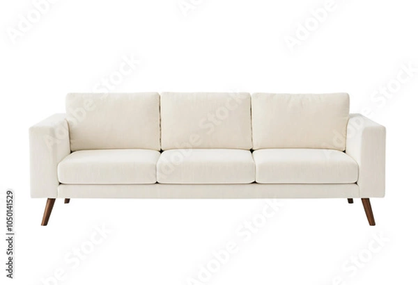 Obraz A white, three-seater sofa with wooden legs and a comfortable, plush fabric is the central focus of a minimalist, white background image, inviting relaxation and tranquility