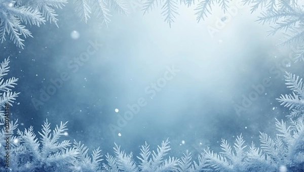 Fototapeta Cold winter frost patterns on blue background with icy crystals
