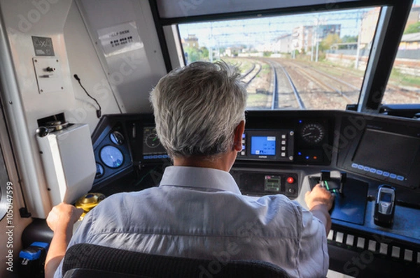 Obraz a train driver inside the driver's cabin driving a regional train