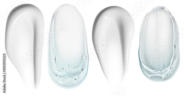 Fototapeta Composition of a white cream smear and a transparent blue gel smear on an empty background. Skincare products, hydrating and moisturizing textures.