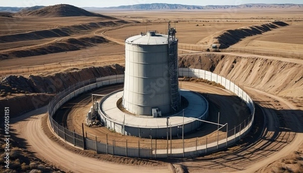 Fototapeta A detailed view of a fortified missile silo surrounded by barbed wire and security fences, showcasing defense infrastructure in a barren landscape, Generative AI