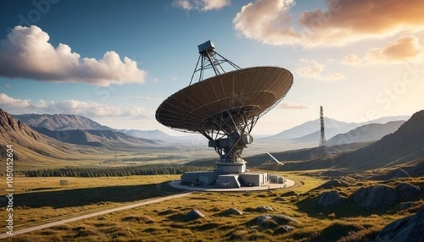 Fototapeta A captivating image of a satellite ground station facility in a serene natural setting, featuring parabolic antennas that blend harmoniously with the rugged surroundings, Generative AI