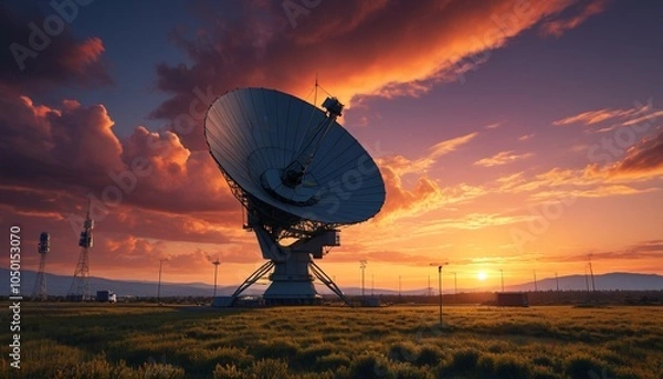 Fototapeta A dramatic sunset over a remote satellite ground station facility, with parabolic antennas silhouetted against the vibrant sky, representing the intersection of nature and technology, Generative AI