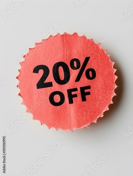 Obraz Black '20% OFF' Text on a Light Red Round Paper Note. White Background 