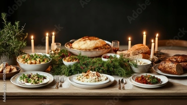Fototapeta Festive Dinner Table Setting with Candles  Food  and Greenery