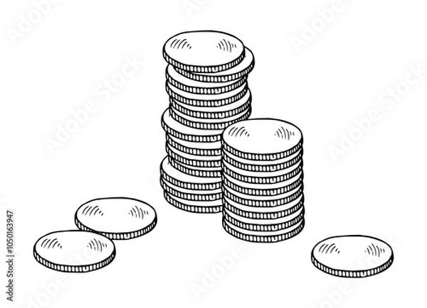 Obraz Vector illustration of a stack of coins currency. This hand drawn sketch features various coins, symbolizing financial growth and wealth management. The black and white outline art