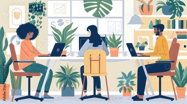 Fototapeta Diverse business team adjusting their workday for flexibility, creating an environment of balance and inclusivity.