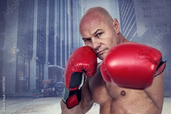 Fototapeta Composite image of portrait of boxer with fighting stance
