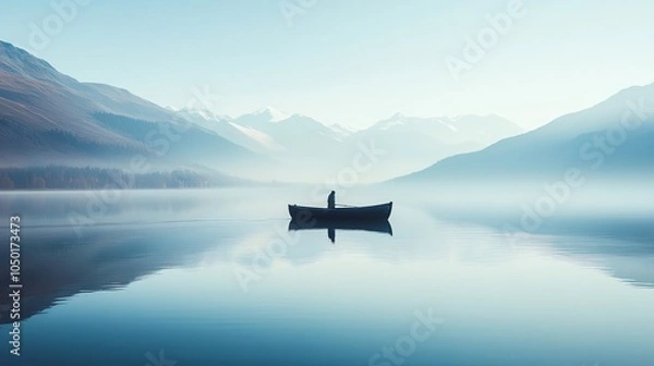 Obraz A man rows a boat on a calm lake.