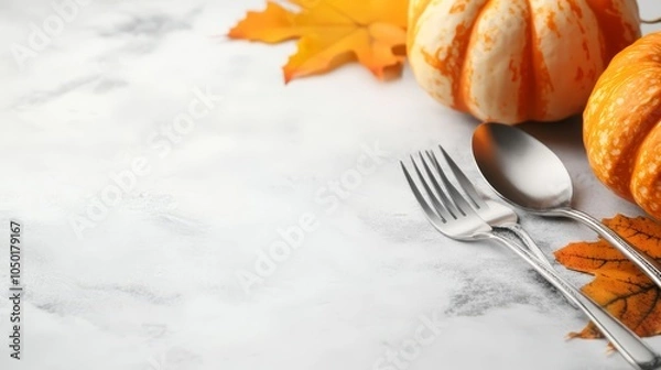 Fototapeta Autumn Table Setting with Pumpkins and Cutlery on Marble Surface