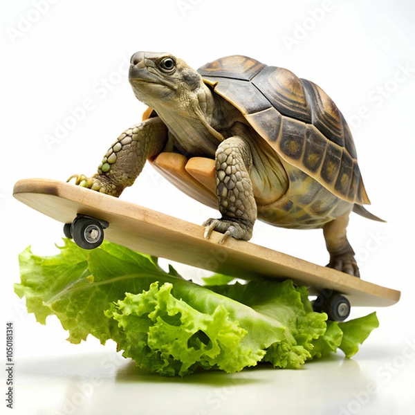 Fototapeta A determined turtle attempts to skateboard down a ramp made of colorful veggies.