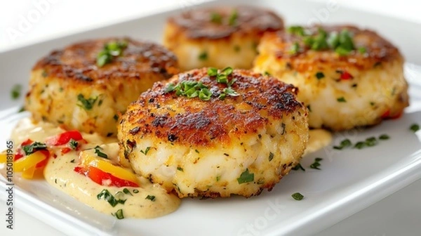 Fototapeta Crab cakes with lemon and a sauce.