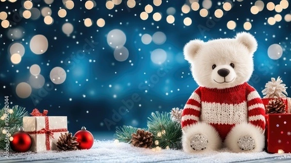 Obraz A charming white bear in a red and white sweater embraces a snowy Christmas night filled with sparkling stars and soft bokeh lights