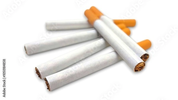 Fototapeta Photo of six traditional cigarettes with orange filter, isolated on white background.