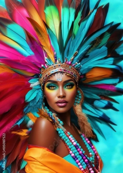 Fototapeta Une belle femme métisse portant une coiffe indienne colorée, décorée de perles et de plumes, avec un maquillage éclatant sur son visage.