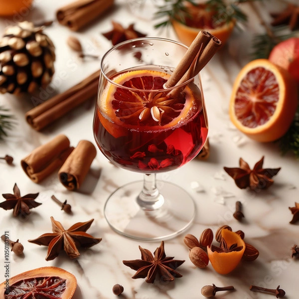 Obraz Warm mulled wine with orange, cinnamon, and holiday spices, creating a festive and aromatic drink, perfect for winter warmth.