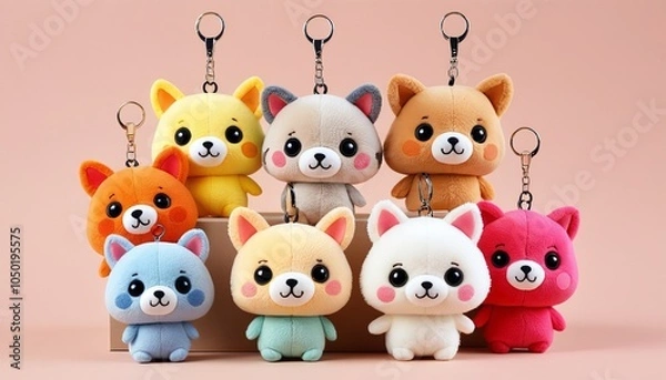 Obraz An adorable plush keychain featuring a cute animal design, providing a fun way to keep keys organized while adding a pop of color to bags, Generative AI