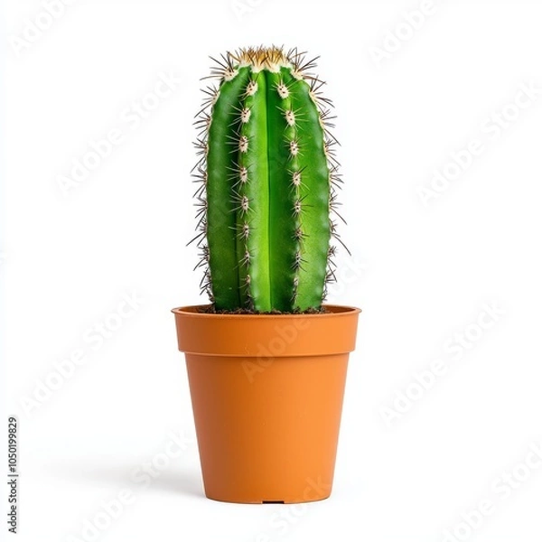 Fototapeta Green cactus with long spikes in a simple orange pot, adding a touch of nature to any indoor space.