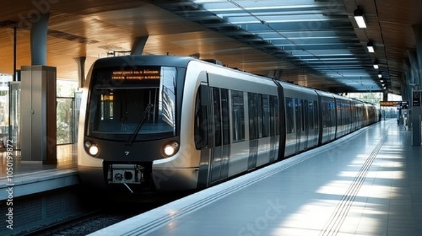 Fototapeta Modern train at a station, symbolizing efficient transportation and seamless commuting, ideal for city travel ads