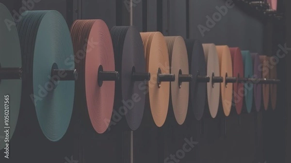 Fototapeta Brightly Colored Weights Hung on the Wall for Fitness Enthusiasts Visiting the Gym
