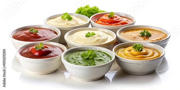 Fototapeta A variety of sauces in white bowls sits on a clean surface, showcasing colorful options including red, green, and yellow condiments, garnished with fresh herbs