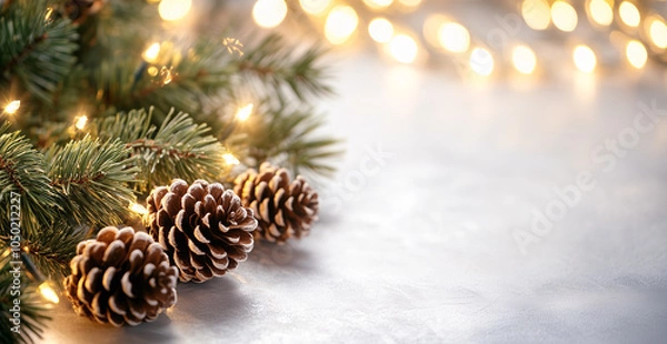 Fototapeta Festive Pine Cones and Evergreen Branches with Soft Christmas Lights