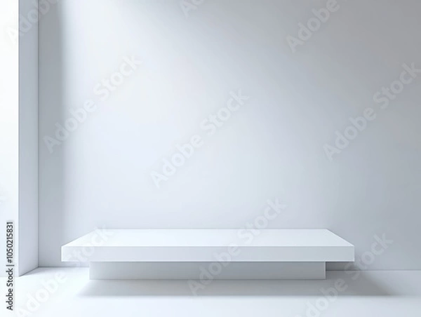 Obraz A modern, minimalistic display shelf against a clean white wall, creating a serene and spacious atmosphere ideal for showcasing items.