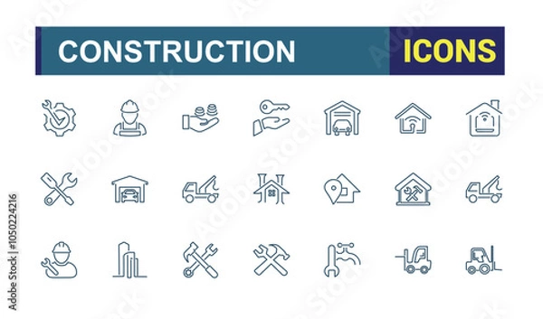 Fototapeta Real Estate vector line icon set. Contains such icons as real property, housing market, land and property, land assets, realty, property and more. Outline icon collections. Editable stroke.