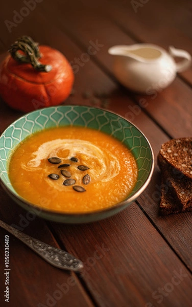 Fototapeta pumpkin soup with bread