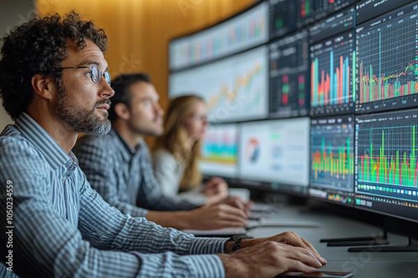 Obraz A group of people sitting at a conference table in front of a large flat screen, power bi dashboard, large computer monitor, digital displays, huge computer screens. Generative AI
