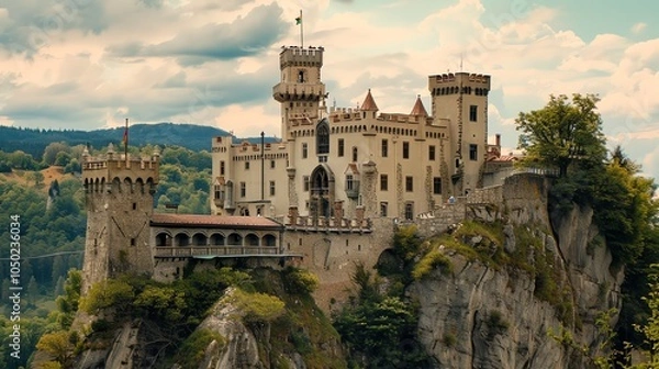 Fototapeta A large, white castle perched high on a cliff.
