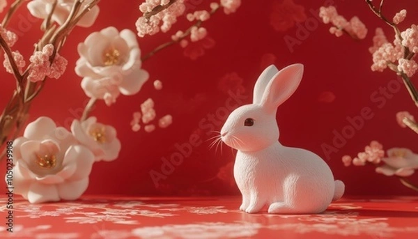 Fototapeta A charming white bunny figurine surrounded by delicate blossoms against a vibrant red background, capturing a whimsical and joyful atmosphere.