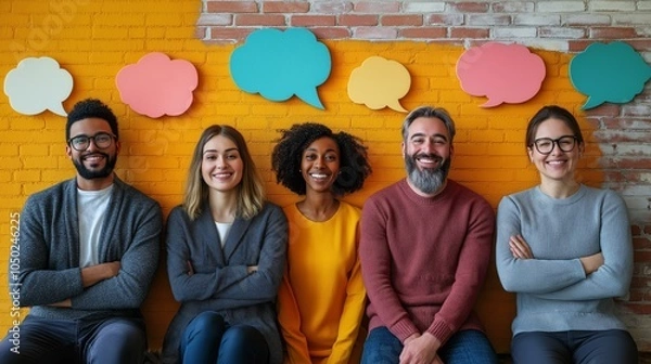 Fototapeta A diverse group of people seated in front of an orange wall with colorful thought bubbles, showcasing the universality of mental health awareness and support in modern society