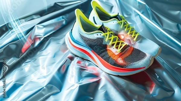 Fototapeta Pair of colorful Nike running shoes on a reflective background.