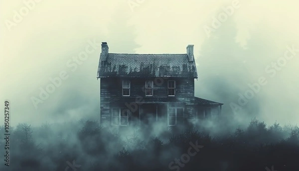 Fototapeta Mysterious old house shrouded in fog, creating an eerie atmosphere.