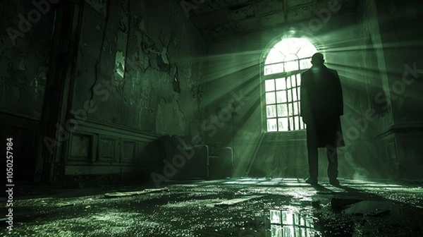 Fototapeta Silhouette of a man standing in an abandoned, dimly lit room with a large window.