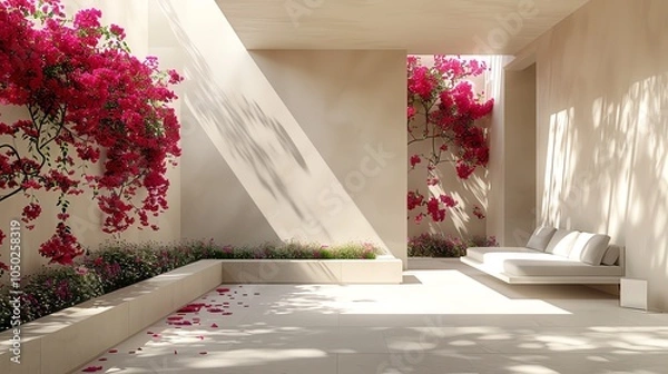 Fototapeta Luxury resort pool with waterfall and lush greenery.
