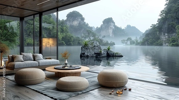 Fototapeta Luxury resort pool with waterfall and lush greenery.