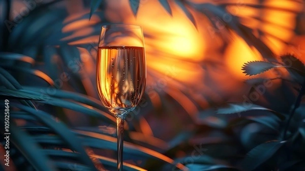 Fototapeta Champagne glass with sunset reflection in tropical foliage.