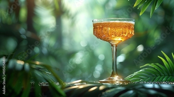 Obraz Sparkling wine glass in a lush tropical jungle setting.