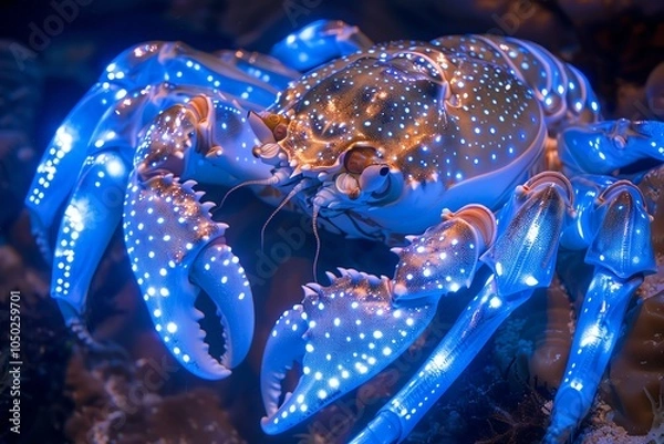 Fototapeta A bioluminescent crab glows brightly in the dark.